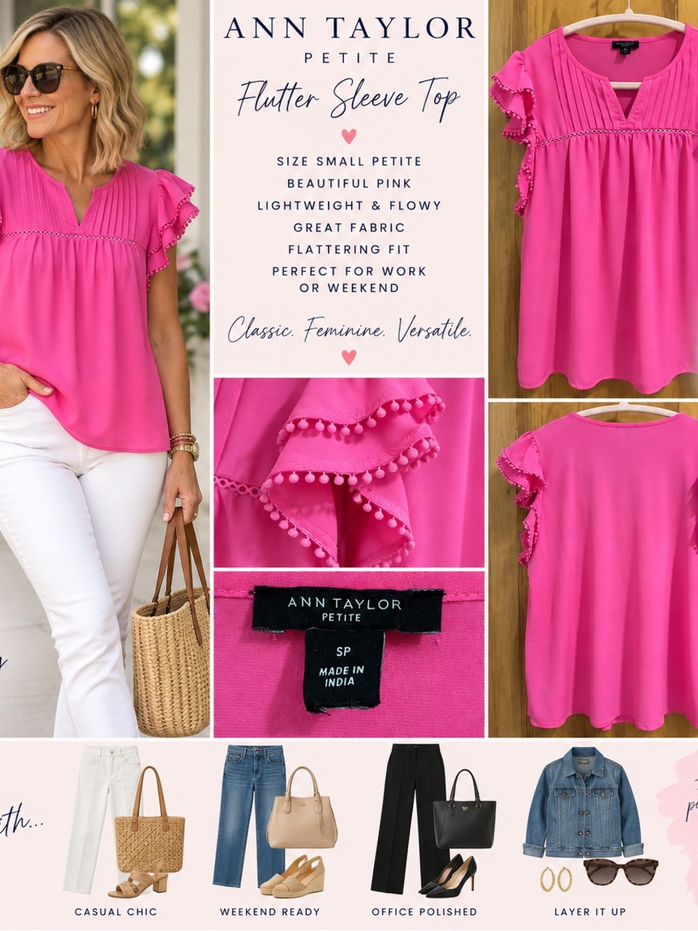 Ann Taylor Petite Pom-Pom Flutter Sleeve Blouse - Bright Pink